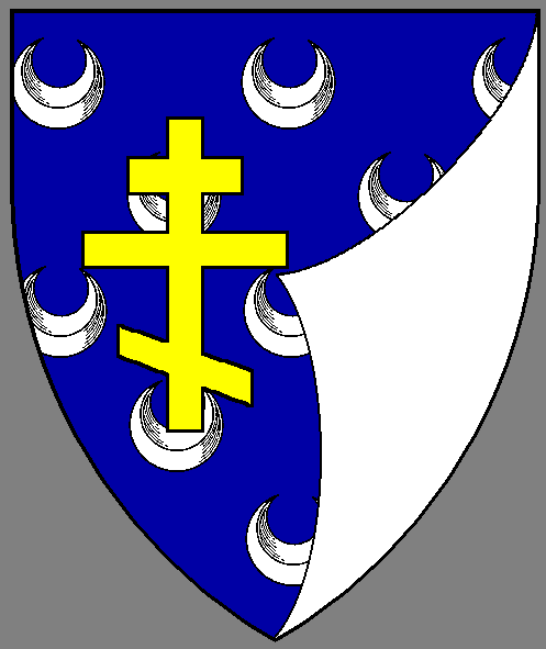 Azure crescenty argent, a Russian Orthodox cross Or and a gore sinister argent
