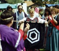 Master Husam's elevation to the Pelican on 04/15/1989; banner carried by Baroness Elspeth ni Conchobhair o Ciarraighe