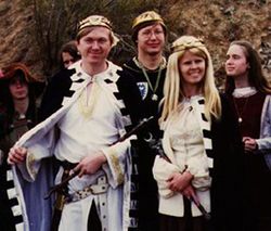 Conrad betwixt Armand and Diana at the Kingdom of Caid First Coronation Festival 1978