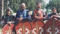 Brotherhood of the Blade at West Caid War 2004. Pictured: Edith, Robear du Bois, Morven of Carrick, and Yohan/Shaun.