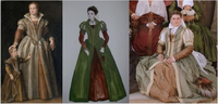 1580 Italian Women's garb: From inspiration painting to my design to finished product. The fabric was silk with the chemises [male & female] made from linen. Because of body-type, an adjustment was made on the lady-corset so it wouldn't dig into the hip during the day.