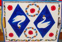 Countess Amina de Talavera's tray. Countess Amina founded the Order of the Rose on January 6, 1968 (A.S. II). Edith was commissioned to paint this tray with Amina's device.