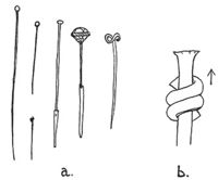 Fig. 4. a. Bronze pins (let to right): Drapery pin, two dress pins, long pin with sheath, pin with decorative head and sheath, twist-headed pin. b. Detail of construction of head of smaller dress pin.