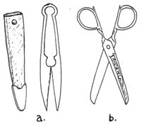Fig. 5 a. Spring shears with leather cover. b. German scissors, made for English market (17th c.)