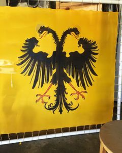 Painted silk replica of 15th-16th century Holy Roman Empire battle flag.