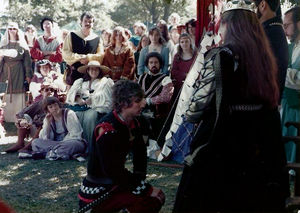 Ivar Krigsvin receiving AoA from Jason III and Isabel at Fall Crown Tournament 1985