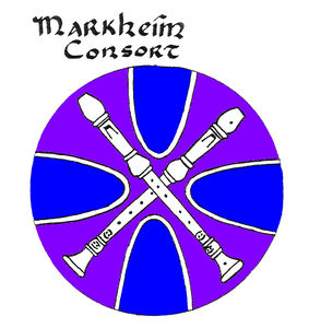 Markheim Consort Badge: Azure, on a saltire patty throughout purpure fimbriated two recorders in saltire argent; Registered via Kingdom of the West, May, 1980, by Raoul the Urbane
