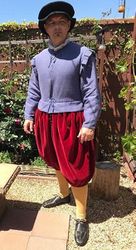 Sir Mons in a 1560s doublet, modeled with 1580s breeches based on Freyle (made from Bara tape measurements) April 2020 (hat by Sally Pointer) (photo by Ann Hartl)