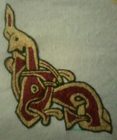Embroidered piece for Lady Rekon - worn on tunic; split stitch; cotton thread on linen.