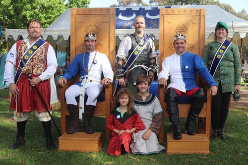 TRMs Agrippa and Dawid with HRM Dawid's Armored, Rapier, Unarmored and Youth Combat Champions. Photo Credit to Diane Granander (Duchess Kara).