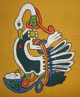 Pelican for Mistress Baroness Ceridwen Killian - worn on Pelican cloak; spilt stitch; wool thread on linen.