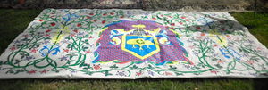 Painted Groundcloth A product of the artistry of Mistress Danaë FitzRoberts, OL, of the West, this groundcloth was presented to the barony at Anniversary 2012.