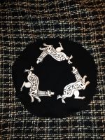 Hand embroidered Russian "Dogs" for His Majesty Sir Athanaric Thaurismunths sunus: Patches for heraldic cloak; split stitch; cotton thread on linen, attached to wool cloak.