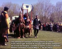 Baron Talanque, first baron of Calafia is in the sedan chair which we and other early members of the barony built for him.