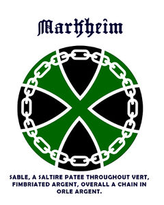 Badge of House Markheim: Sable, a Saltire Patee throughout vert, fimbriated Argent, overall a Chain in Orle Argent.
