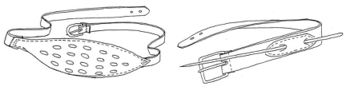 Fig. 4. Two belt-style knitting sheaths, one a straw-stuffed pouch with holes; the other a plain belt fitted with a slide]]