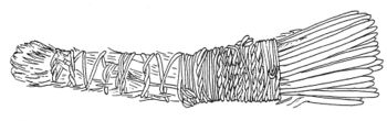 Fig. 5. Bundled hen-feather needle support. The feather ends would be tucked into the belt, while the quill ends supported the right-hand knitting needle and the gament's weight]]