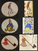 "Hybrid man, wearing feathered headgear," "Hybrid man with ass ears," and "Animal head with axe"