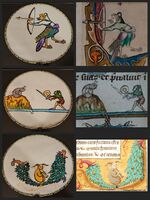 "Half-human, half-bird shoots an arrow," "Man wearing fool's cap and holding sword and shield defends himself against snail, sitting on a hill," and "Hybrid man, horned, playing horn"