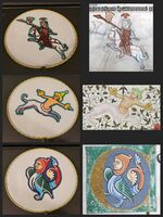 "Soldier, wearing tunic and chain mail, holds bannered lance in right hand and heraldic shield in left hand, and rides bridled horse," "Hybrid man holding cymbals with extended arms," and "Hybrid man with bird's body and foliate tail."